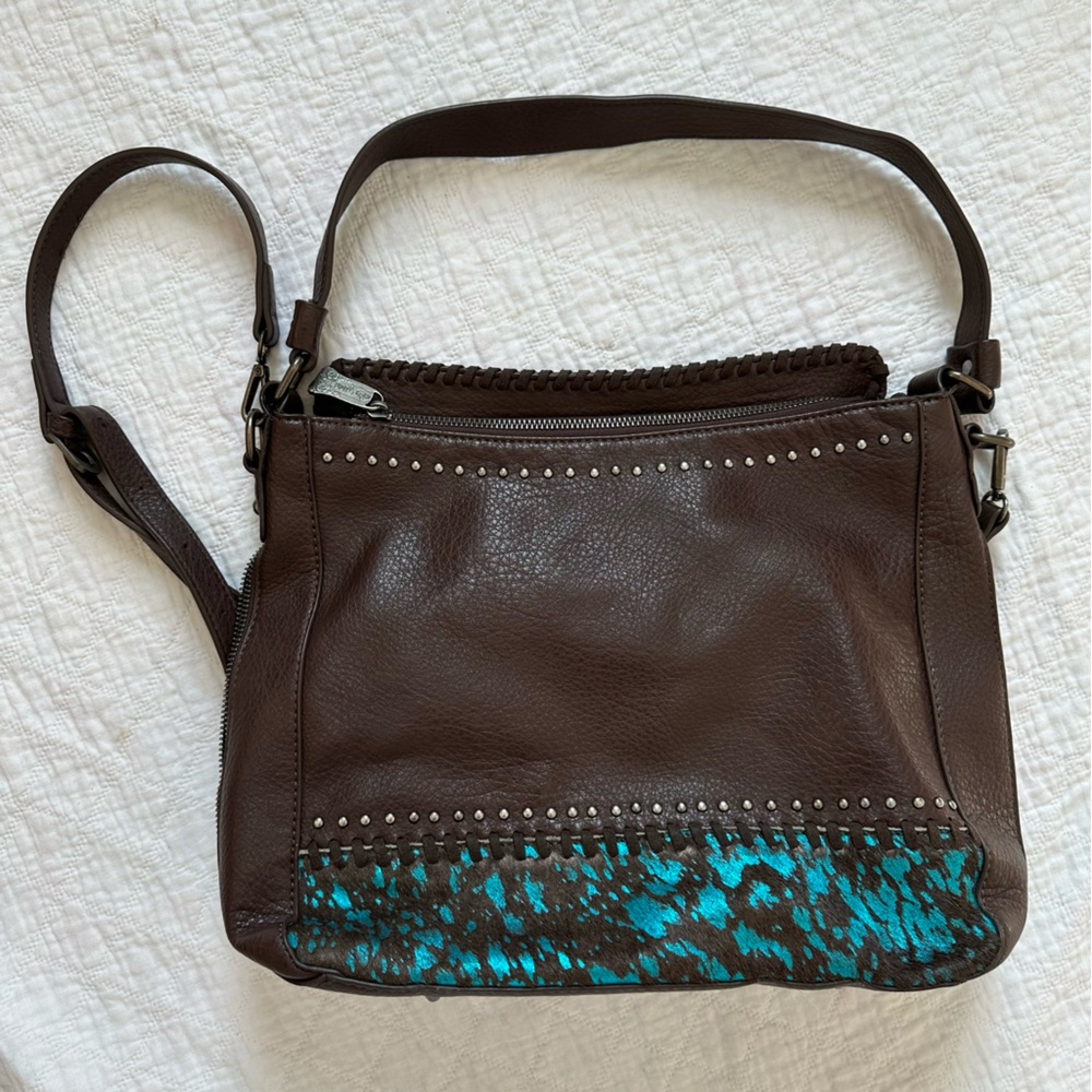Brown Genuine Leather Turquoise Cowhide Bag Western Cowgirl Trinity Ranch